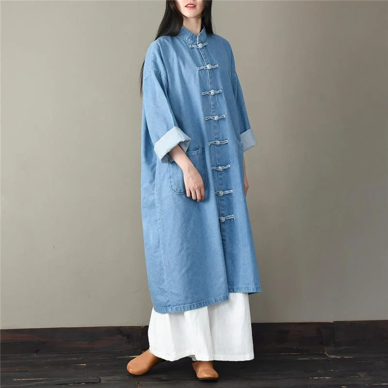 Unique stand collar Fashion spring tunic pattern light blue short coat Jersey Tulle Batik Unique stand collar Fashion spring tunic pattern light blue short coat Jersey Tulle Batik