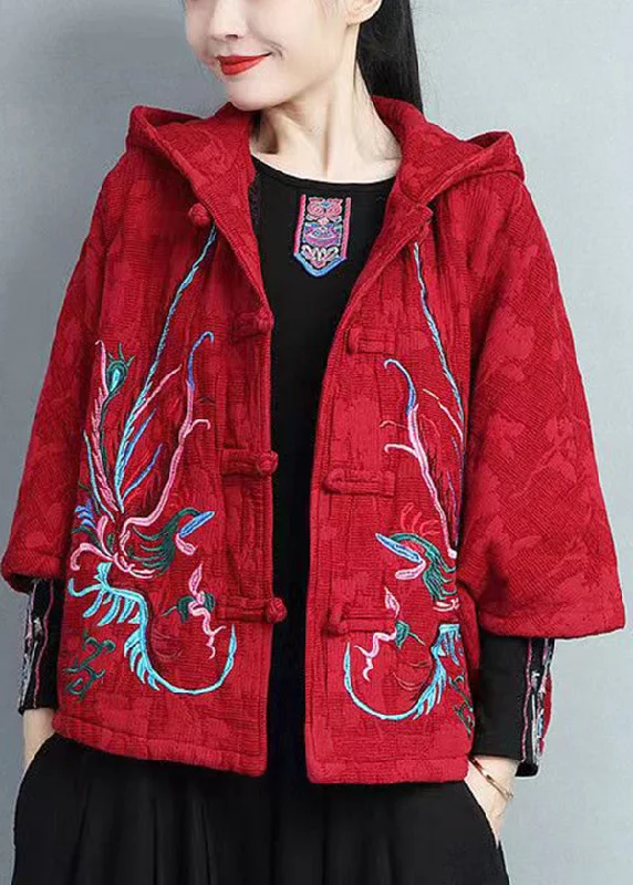 Vintage Red Embroidered Chinese Button Hooded Warm Fleece Coat Spring Striped Polka Dot Floral Vintage Red Embroidered Chinese Button Hooded Warm Fleece Coat Spring Striped Polka Dot Floral