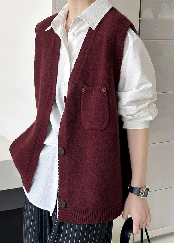 Wine Red Pockets Cozy Knit Waistcoat V Neck Fall Fashionable Military Waistcoat Jacket