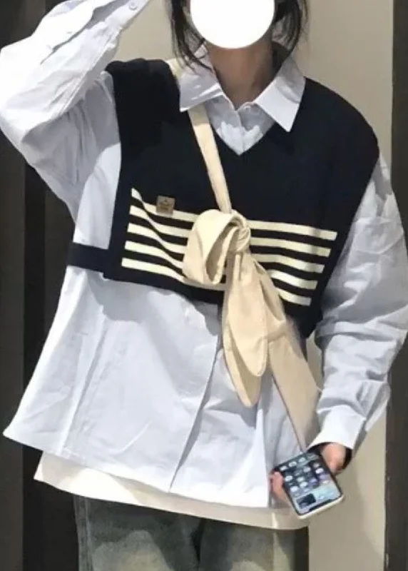Women Black Striped Patchwork Knit Shawl And Light Blue Shirt Two Piece Set Long Sleeve Soft Knit Shawl Poncho Women Black Striped Patchwork Knit Shawl And Light Blue Shirt Two Piece Set Long Sleeve Soft Knit Shawl Poncho