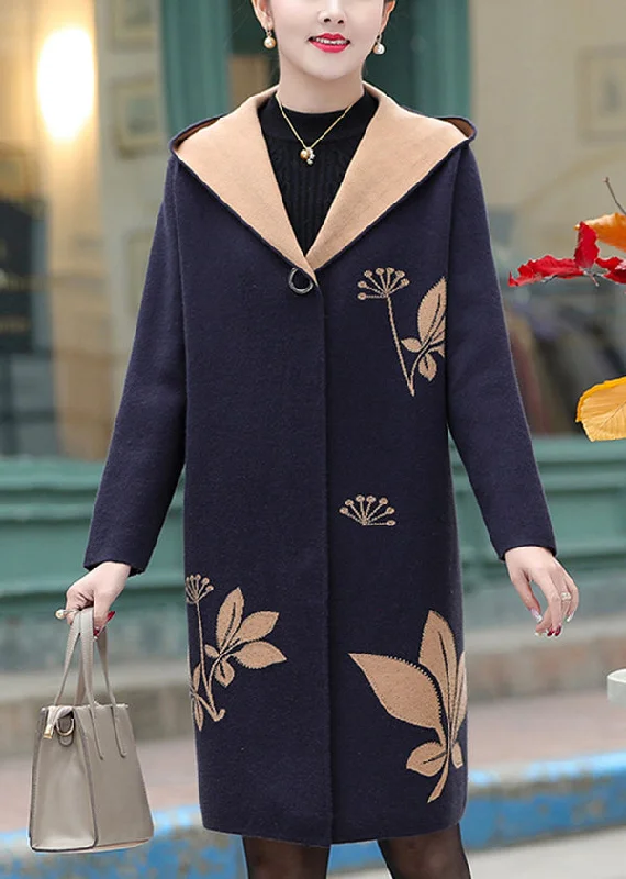 Women Navy Jacquard Zircon Hooded Woolen Coat Spring Solid Print Jacquard
