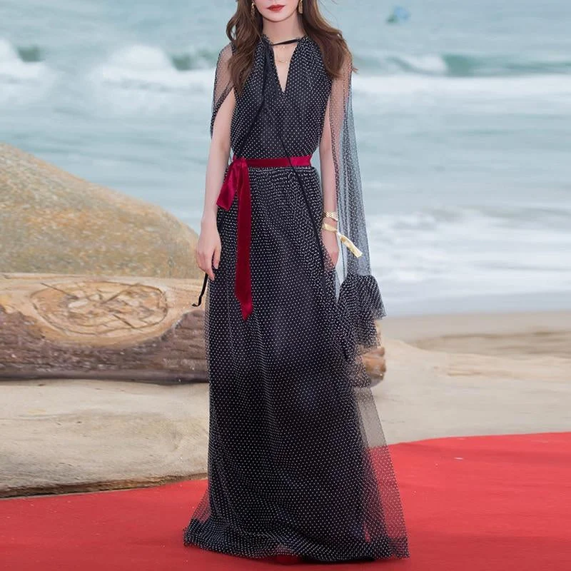 Elegant Sleeveless Belt With Ruffles Shawl Maxi Dress Warm Cashmere Shawl Scarf