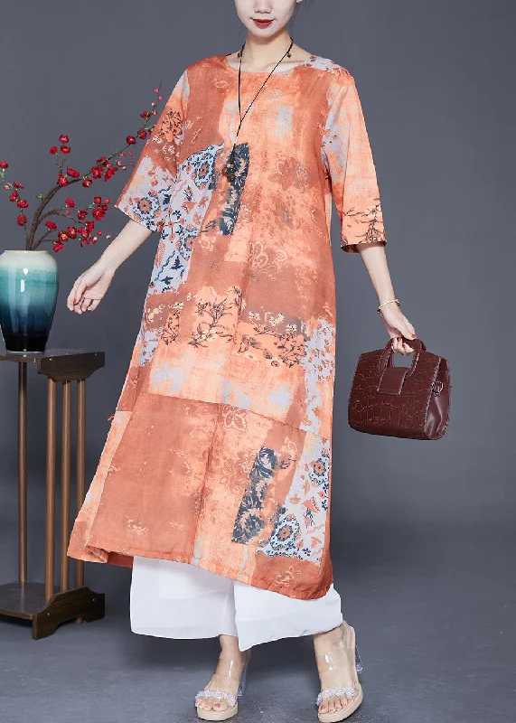 Art Orange Print Side Open Linen Long Dress Summer Tunics Top rated