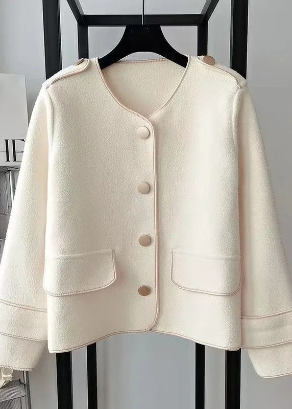 Beautiful Beige O Neck Pockets Woolen Short Coat Fall Three-Quarter Sleeve Elbow Sleeve Wrist Sleeve Beautiful Beige O Neck Pockets Woolen Short Coat Fall Three-Quarter Sleeve Elbow Sleeve Wrist Sleeve