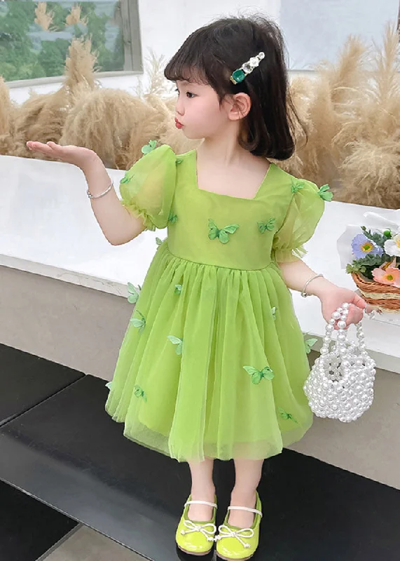 Beautiful Green Square Collar Patchwork Tulle Girls Long Dresses Short Sleeve Tunics Seasonal trendy Beautiful Green Square Collar Patchwork Tulle Girls Long Dresses Short Sleeve Tunics Seasonal trendy