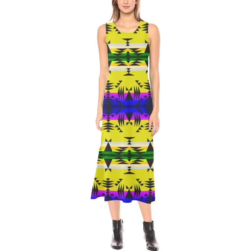 Between the Mountains Greasy Yellow Phaedra Sleeveless Open Fork Long Dress Tunics Bestseller popular