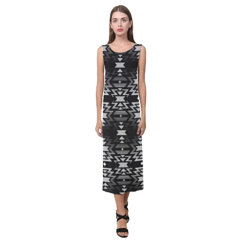 Black Fire Black and Gray Phaedra Sleeveless Open Fork Long Dress Tunics Chic elegant