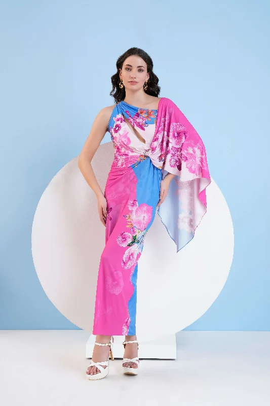 BLUE PASTORAL JERSEY LONG DRESS WITH DRAPE SLEEVE Tunics Leisure comfortable