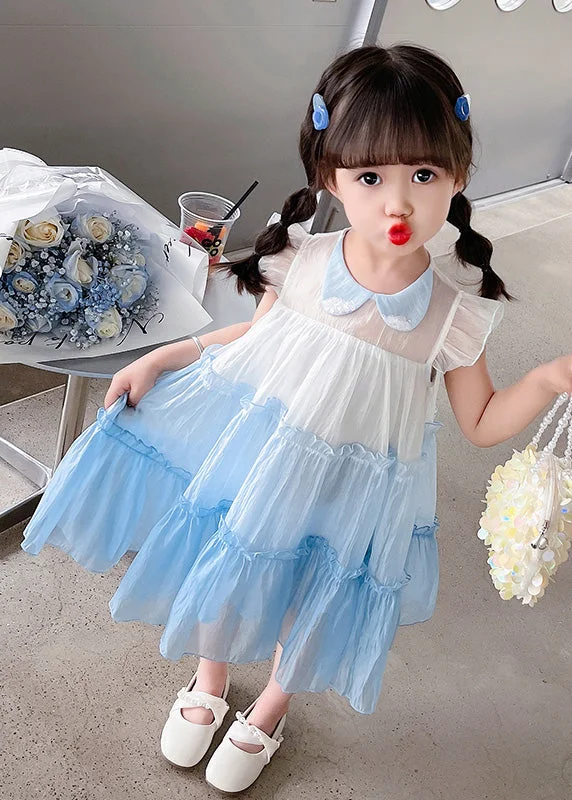 Blue Peter Pan Collar Kids Tulle Long Dresses Summer Tunics Practical easy-care
