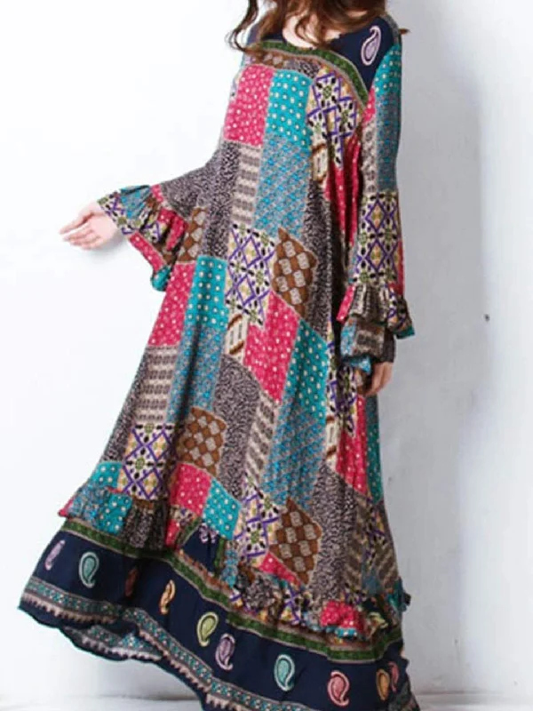 Bohemian Lotus Leaf Long Sleeve Print Loose Long Dress Floral Print girly
