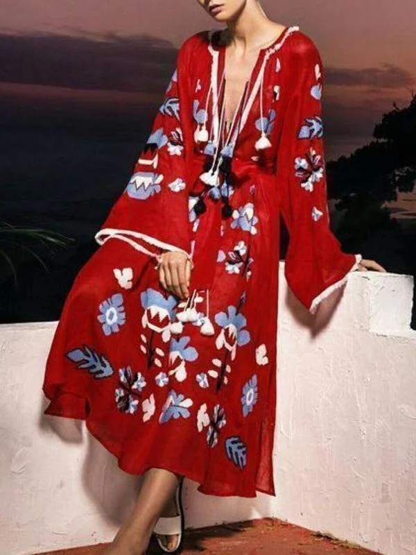 Bohemian Retro Sexy Print V-Neck Long-Sleeved Beach Long Dress Tunics Hiking breathable Bohemian Retro Sexy Print V-Neck Long-Sleeved Beach Long Dress Tunics Hiking breathable