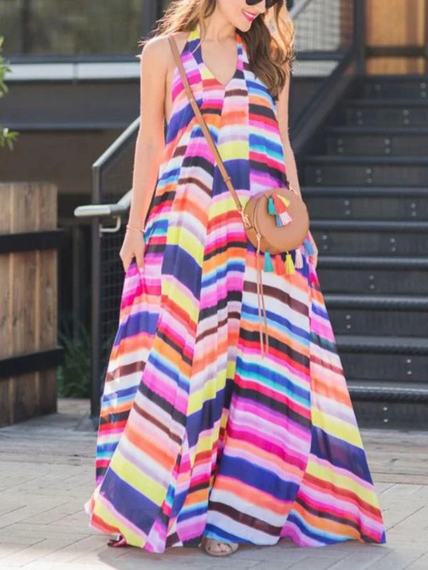 BOHO Vacation Leisure Hanging Neck Print Long Dress Shift Classic Vintage