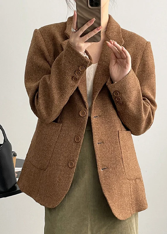 Boutique Caramel Brown Notched Pockets Button Woolen Coat Fall Hooded Caped Scarf