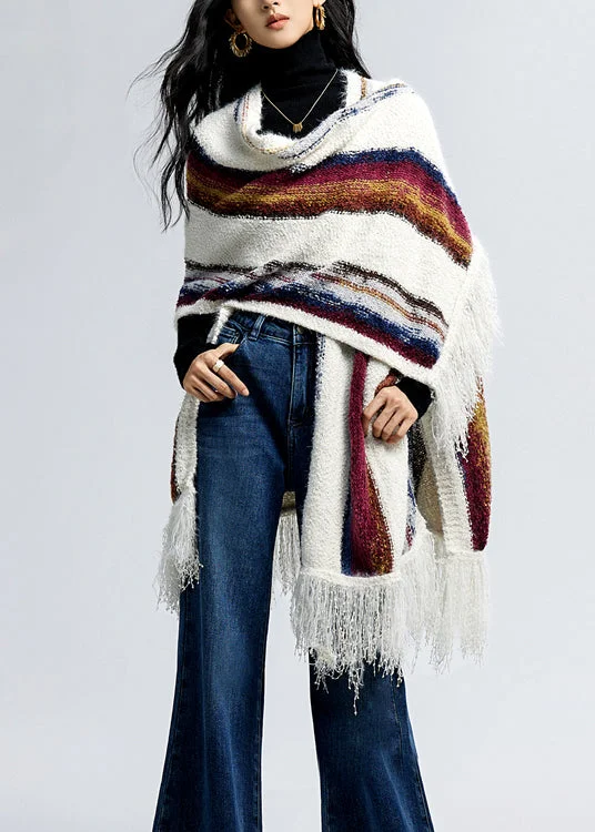 Boutique Tassel Striped Cozy Oversized Knit Shawl Trendy Embroidered Shawl Wrap