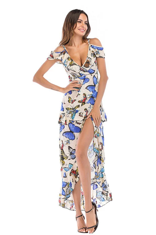 Butterfly Print V-neck Off-the-shoulder Asymmetrical Trim Long Dress Tunics Party sparkling Butterfly Print V-neck Off-the-shoulder Asymmetrical Trim Long Dress Tunics Party sparkling