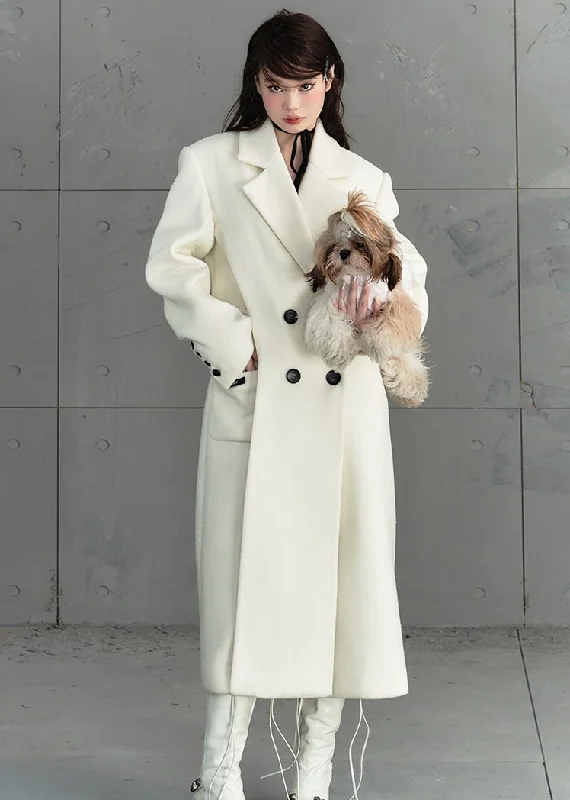 Classy Beige Notched Pockets Button Woolen Maxi Coat Fall Buttoned Zippered Snapped