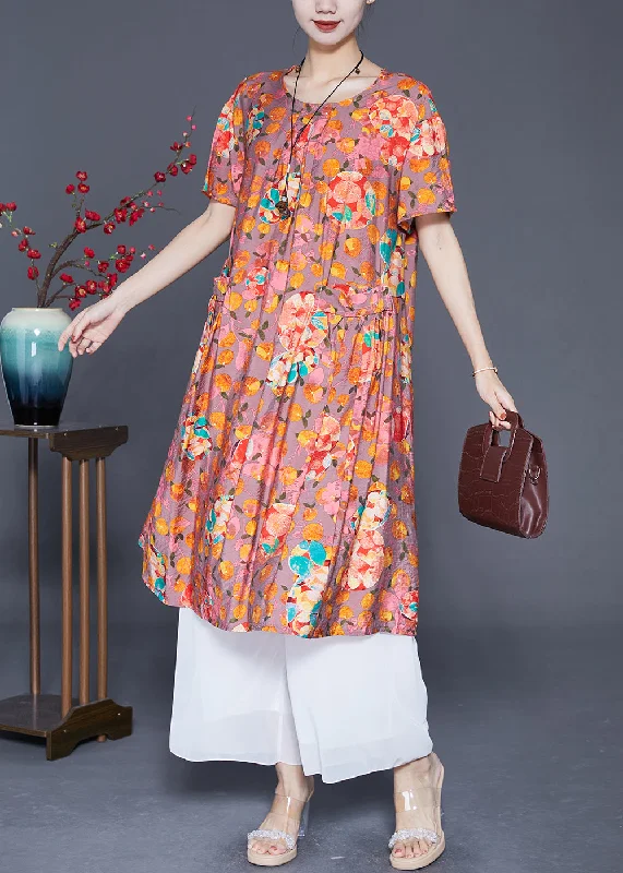 Classy Orange O-Neck Print Linen Long Dress Summer Tunics Gym athletic