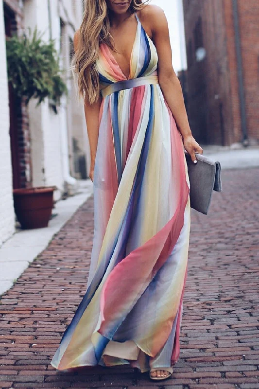 Colorful Halter V-neck Pleated Long Dress Tunic Top Casual