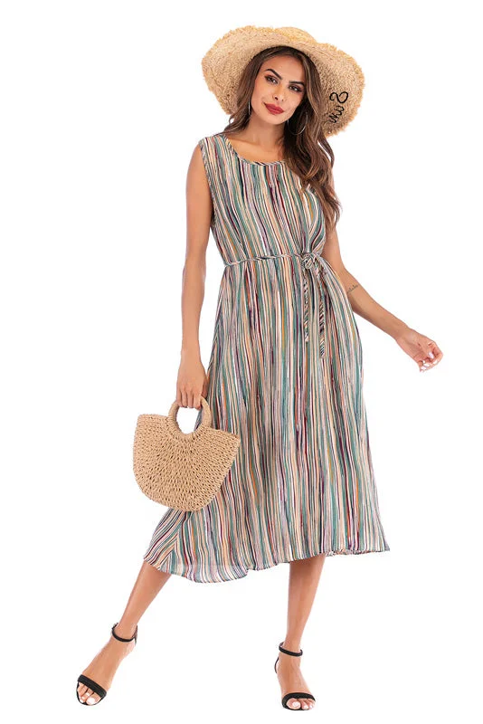 Colorful Striped Lace-up Sleeveless Long Dress Floral Print girly