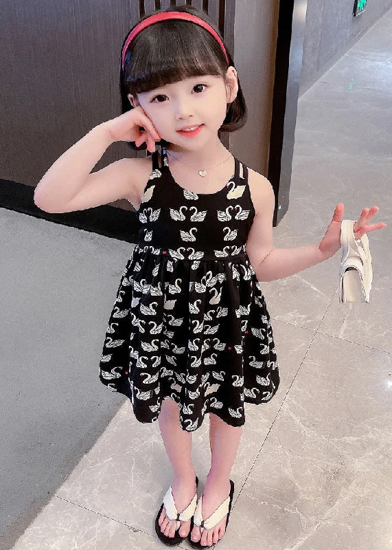 Cute Black Animal Print Patchwork Cotton Girls Slip Long Dress Summer Tunics Versatile stylish Cute Black Animal Print Patchwork Cotton Girls Slip Long Dress Summer Tunics Versatile stylish