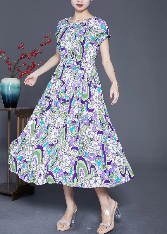 Elegant Purple Elastic Waist Print Cotton Beach Dress Summer Tunics Versatile stylish Elegant Purple Elastic Waist Print Cotton Beach Dress Summer Tunics Versatile stylish