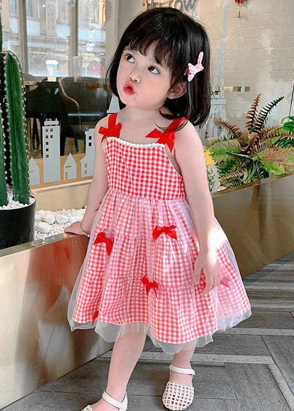 Elegant Red Plaid Patchwork Tulle Kids Slip Long Dress Summer Tunics Yoga stretchy