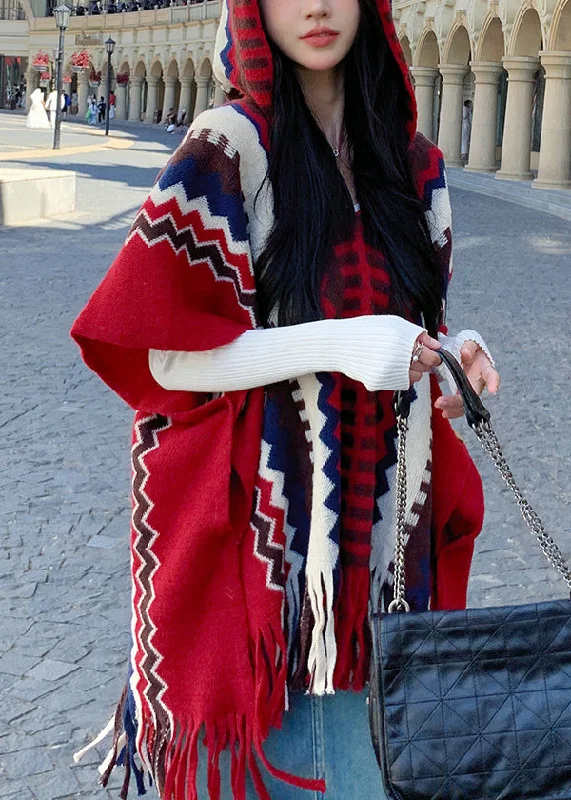 Ethnic Style Red Hooded Cape Style Shawl Coat Chic Floral Print Shawl