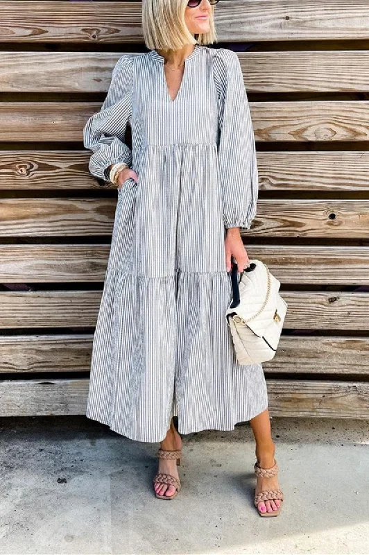 Fashion Casual Striped V Neck Long Dresses sweetheart Neckline Romantic