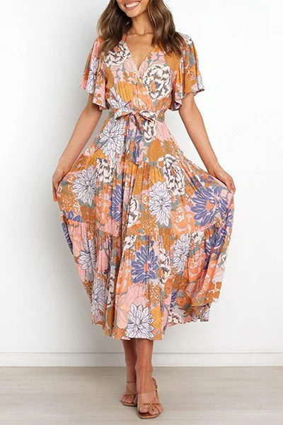 Fashion Elegant Floral Flounce Strap Design V Neck Waist Skirt Dresses Tunics Floral girly Fashion Elegant Floral Flounce Strap Design V Neck Waist Skirt Dresses Tunics Floral girly