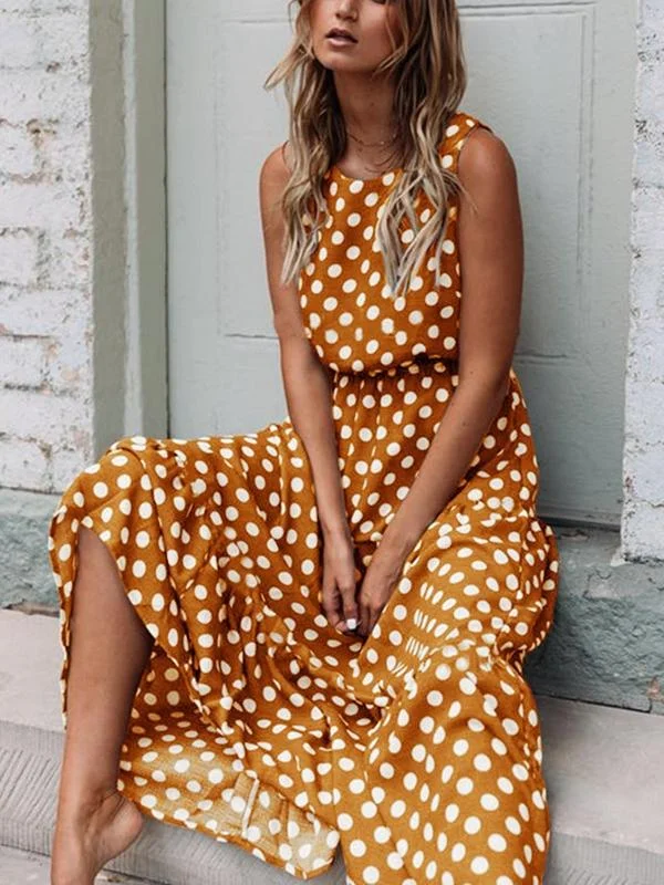 Fashion Printed Wave Point Round Neck Long Dress Tunics Modern contemporary