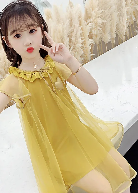 Fashion Yellow O-Neck Wrinkled Tulle Kids Long Dress Summer Cowl Neckline Elegant