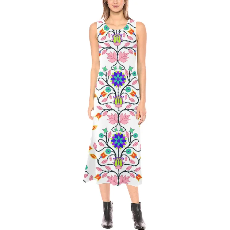 Floral Beadwork Four Clans White Phaedra Sleeveless Open Fork Long Dress Tunics Lace romantic