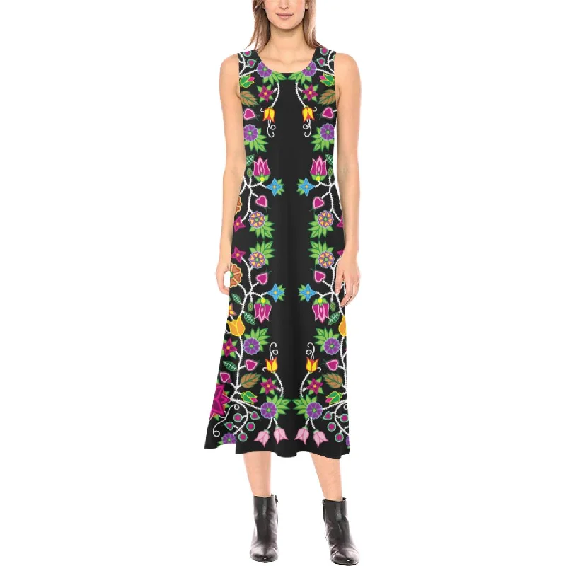 Floral Beadwork Phaedra Sleeveless Open Fork Long Dress Square Neckline Feminine