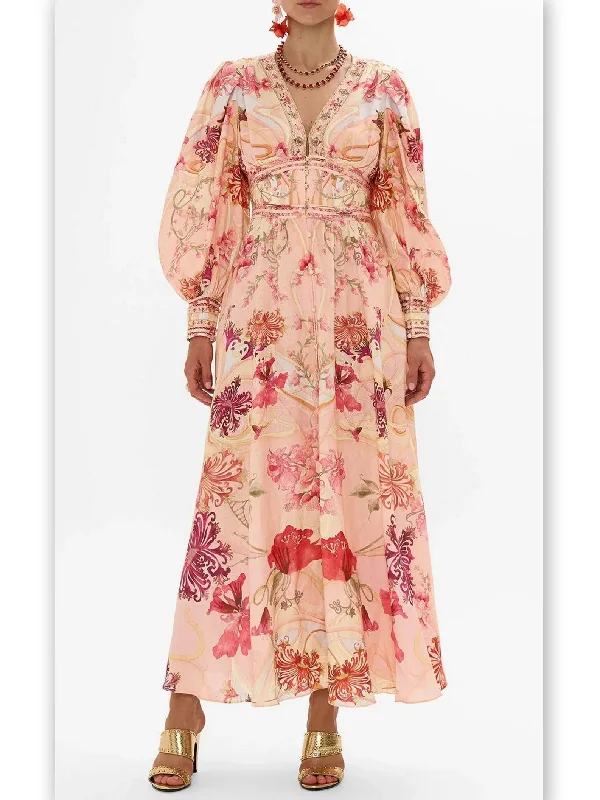 Floral-Print V-Neck Silk Dress with Shaped Waist Band Tunics Spring floral