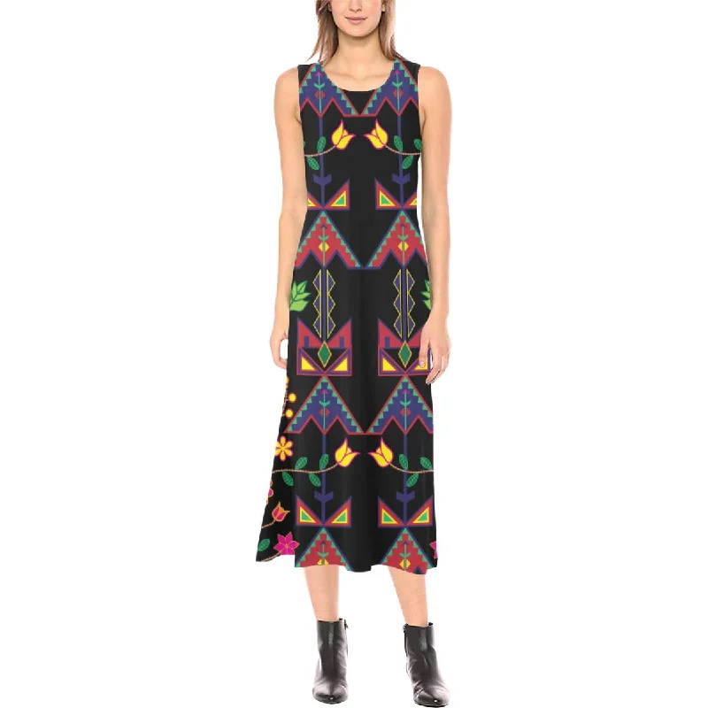 Geometric Floral Spring - Black Phaedra Sleeveless Open Fork Long Dress Boat Neckline Classic Geometric Floral Spring - Black Phaedra Sleeveless Open Fork Long Dress Boat Neckline Classic