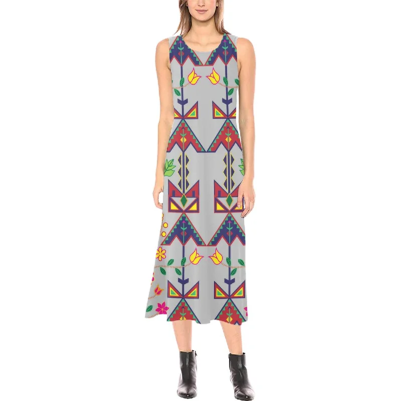 Geometric Floral Spring - Gray Phaedra Sleeveless Open Fork Long Dress Tunics Trendy modern Geometric Floral Spring - Gray Phaedra Sleeveless Open Fork Long Dress Tunics Trendy modern