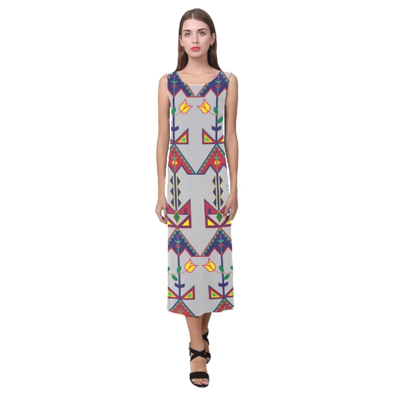 Geometric Floral Spring - Gray Phaedra Sleeveless Open Fork Long Dress Tunics Business professional Geometric Floral Spring - Gray Phaedra Sleeveless Open Fork Long Dress Tunics Business professional