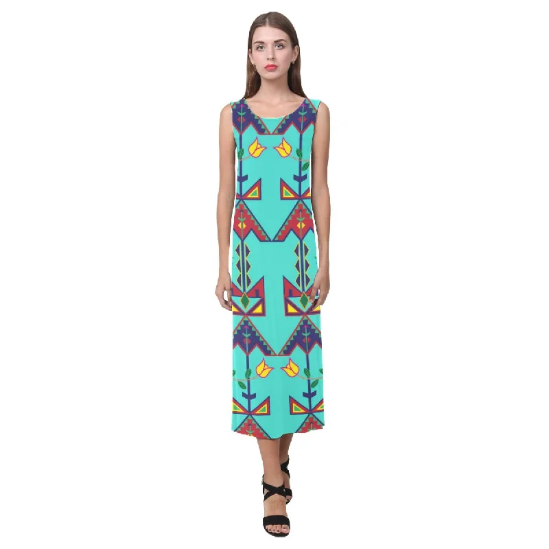 Geometric Floral Spring - Sky Phaedra Sleeveless Open Fork Long Dress Tunics Custom made Geometric Floral Spring - Sky Phaedra Sleeveless Open Fork Long Dress Tunics Custom made