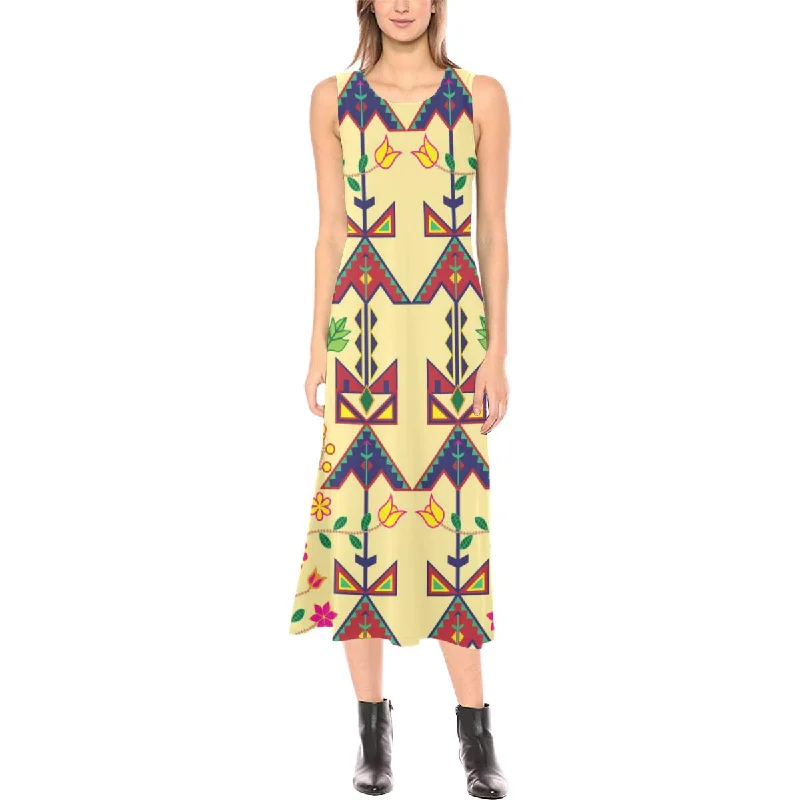Geometric Floral Spring - Vanilla Phaedra Sleeveless Open Fork Long Dress Tunics Chic elegant