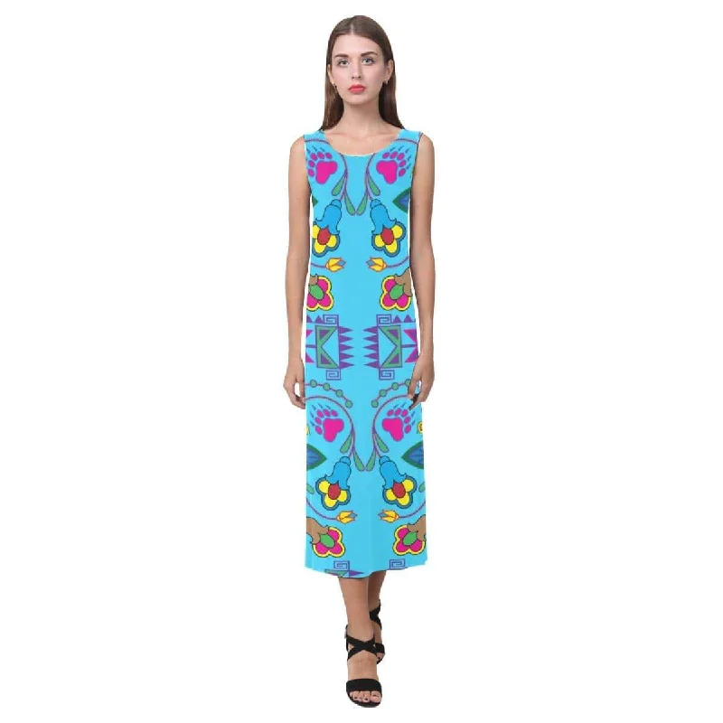 Geometric Floral Winter - Sky Blue Phaedra Sleeveless Open Fork Long Dress empire Waist empire