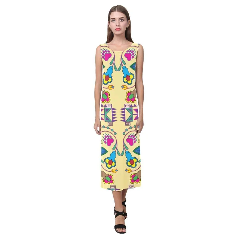 Geometric Floral Winter - Vanilla Phaedra Sleeveless Open Fork Long Dress Crew Neckline Sporty Geometric Floral Winter - Vanilla Phaedra Sleeveless Open Fork Long Dress Crew Neckline Sporty