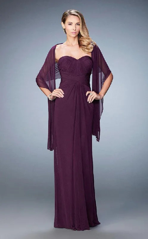 La Femme - 23023 Strapless Ruched Sheath Long Dress with Shawl Cozy Fleece Shawl Scarf La Femme - 23023 Strapless Ruched Sheath Long Dress with Shawl Cozy Fleece Shawl Scarf
