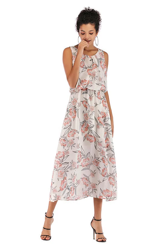 Little Fresh Wide Strap Elastic Waist Floral Dress Halter Neckline Beach