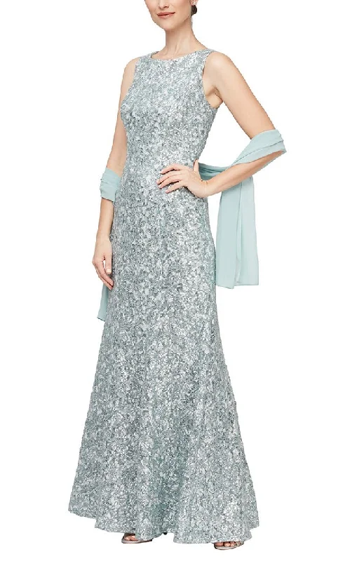 Sleeveless Corded Fit and Flare Dress With Shawl Comfortable Pashmina Shawl
