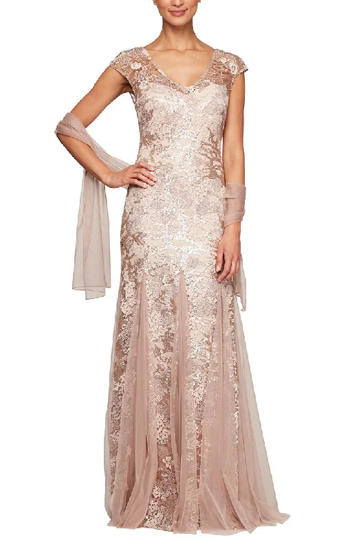 Long Cap Sleeve Embroidered Fit and Flare Dress With Godet Detail Skirt, Illusion V-Neckline and Shawl Soft Cashmere Shawl Poncho Long Cap Sleeve Embroidered Fit and Flare Dress With Godet Detail Skirt, Illusion V-Neckline and Shawl Soft Cashmere Shawl Poncho