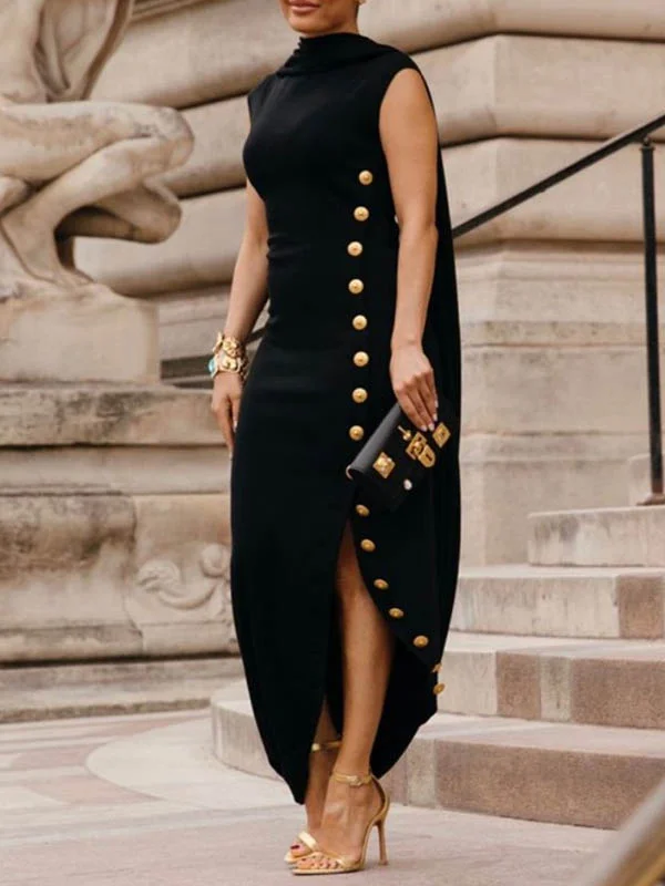Loose Sleeveless Solid Color Split-Side Shawl Collar Long Skirts Maxi Dresses Comfortable Shawl Scarf Wrap
