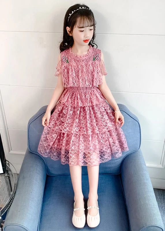 Novelty Pink O-Neck Ruffled Patchwork Floral Girls Long Dresses Short Sleeve Boatneck Modish Everyday Novelty Pink O-Neck Ruffled Patchwork Floral Girls Long Dresses Short Sleeve Boatneck Modish Everyday