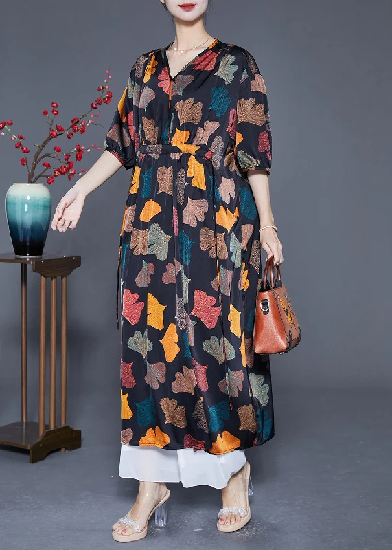 Plus Size Black Cinched Leaf Print Silk Long Dress Summer Tunics Party sparkling