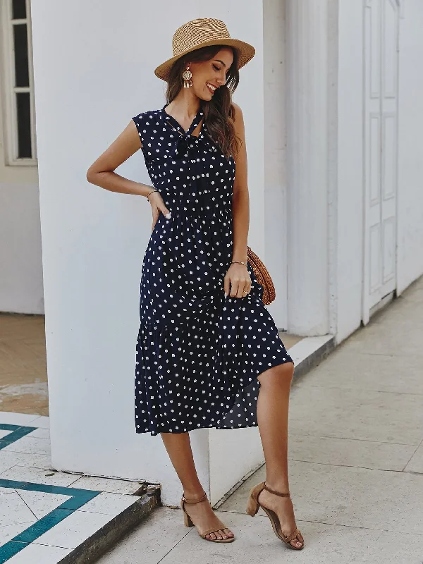 Polka Dot Tie Front V Neck Long Dress Crew Neckline Casual