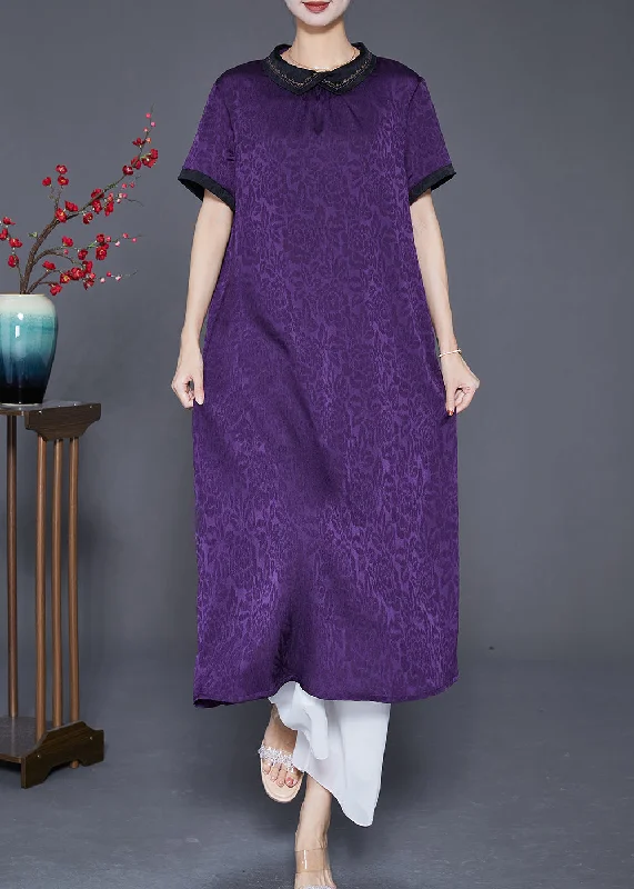 Purple Jacquard Silk Long Dress Oversized Turn-down Collar Summer Tunics Office stylish